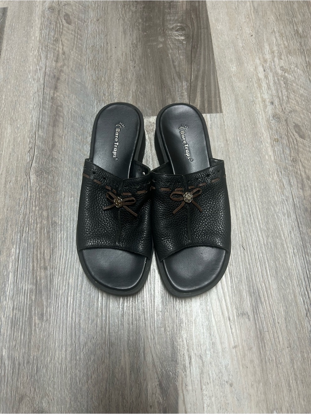 BareTraps Black Leather Slide Mules with Bow Detail